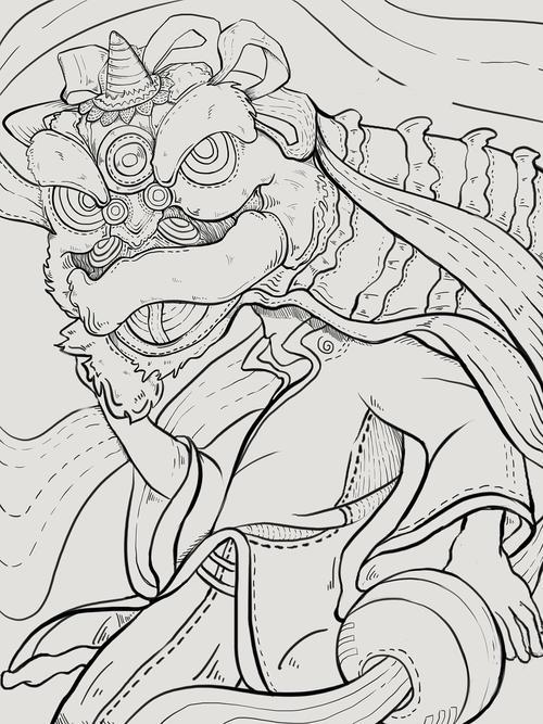 舞獅簡(jiǎn)筆畫色彩繪畫